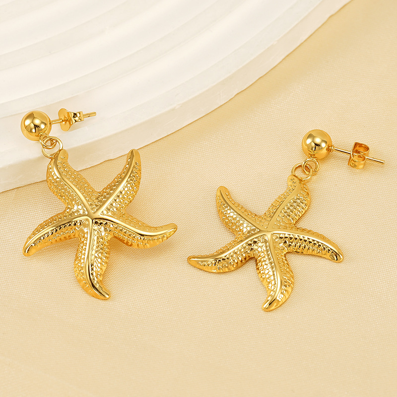 1 Pair Classic Starfish Stainless Steel  Gold Color Wome'sn Drop Earrings h5 